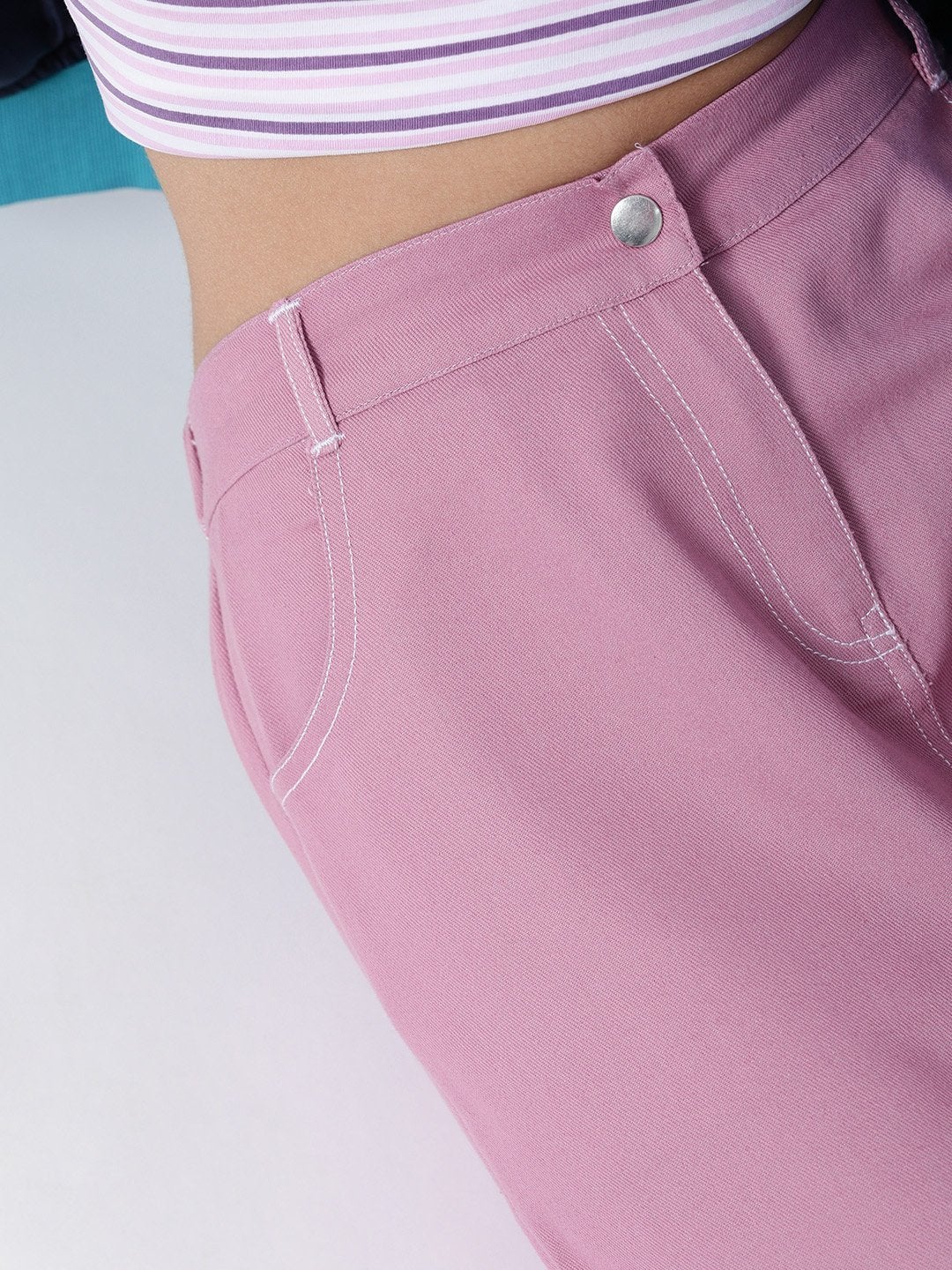 Women's Lavendar Denim Contrast Stitch Wide Pants