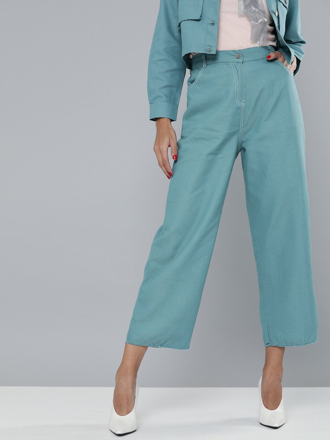 Women's Sea Green Denim Contrast Stitch Wide Pants