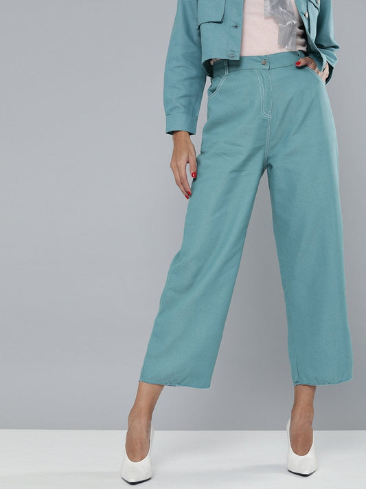 Women's Sea Green Denim Contrast Stitch Wide Pants