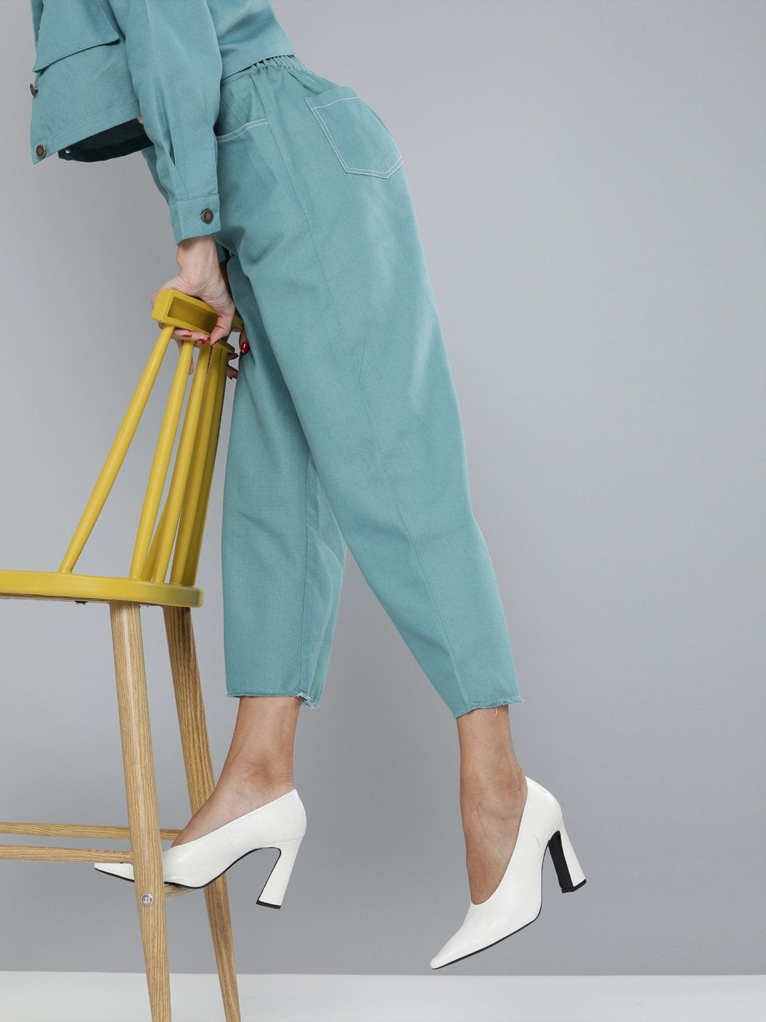 Women's Sea Green Denim Contrast Stitch Wide Pants