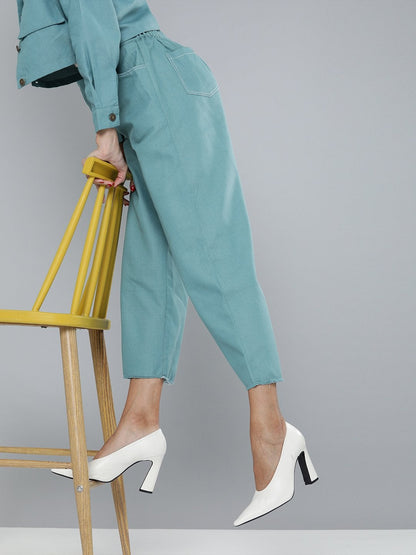 Women's Sea Green Denim Contrast Stitch Wide Pants