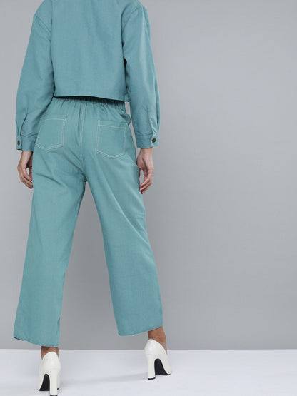 Women's Sea Green Denim Contrast Stitch Wide Pants