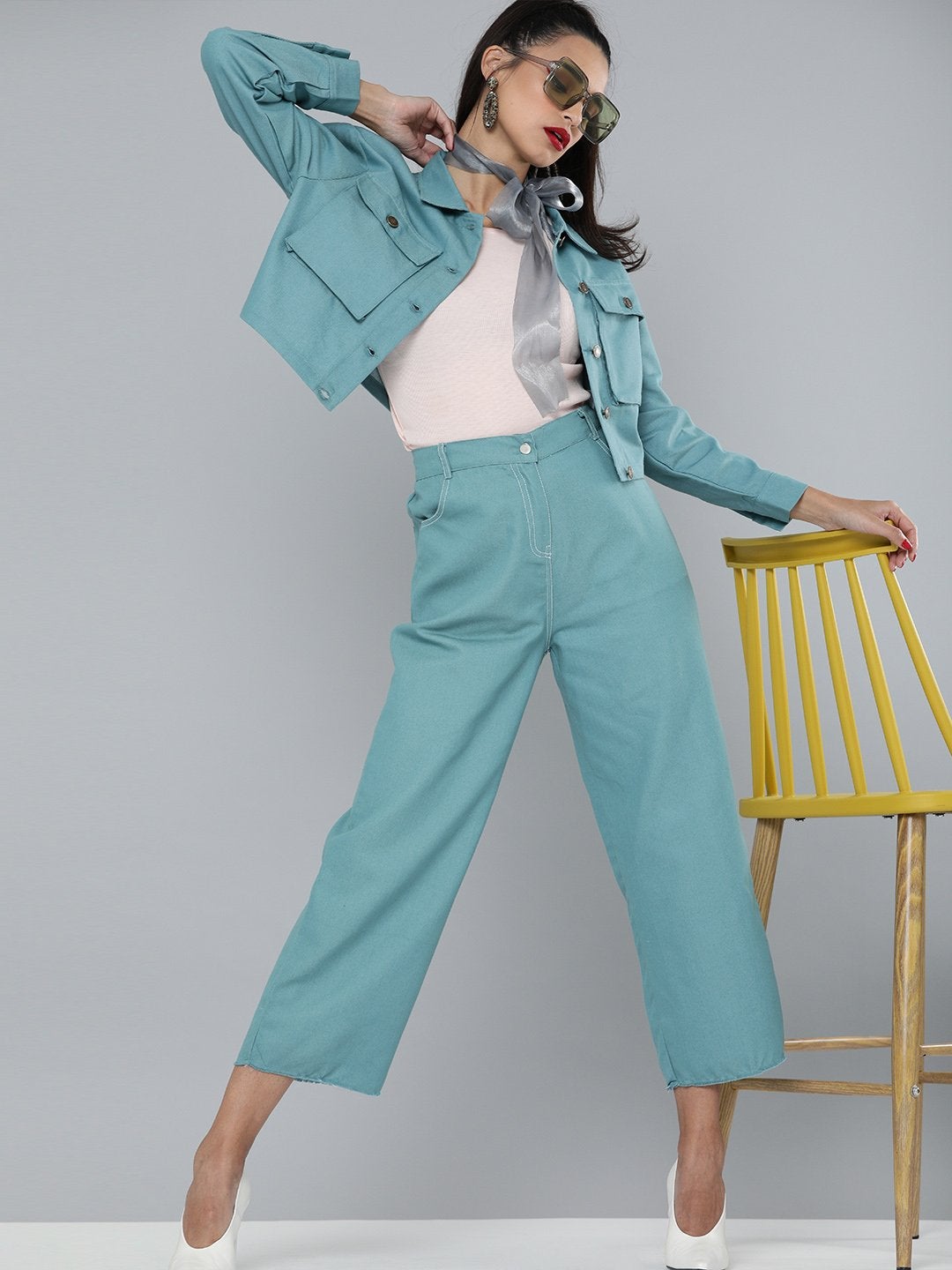Women's Sea Green Denim Contrast Stitch Wide Pants