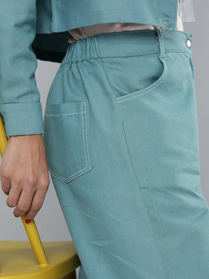 Women's Sea Green Denim Contrast Stitch Wide Pants
