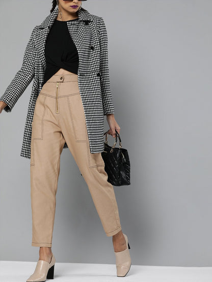 Women's Khaki Contrast Stitch Zipper Fly Pants