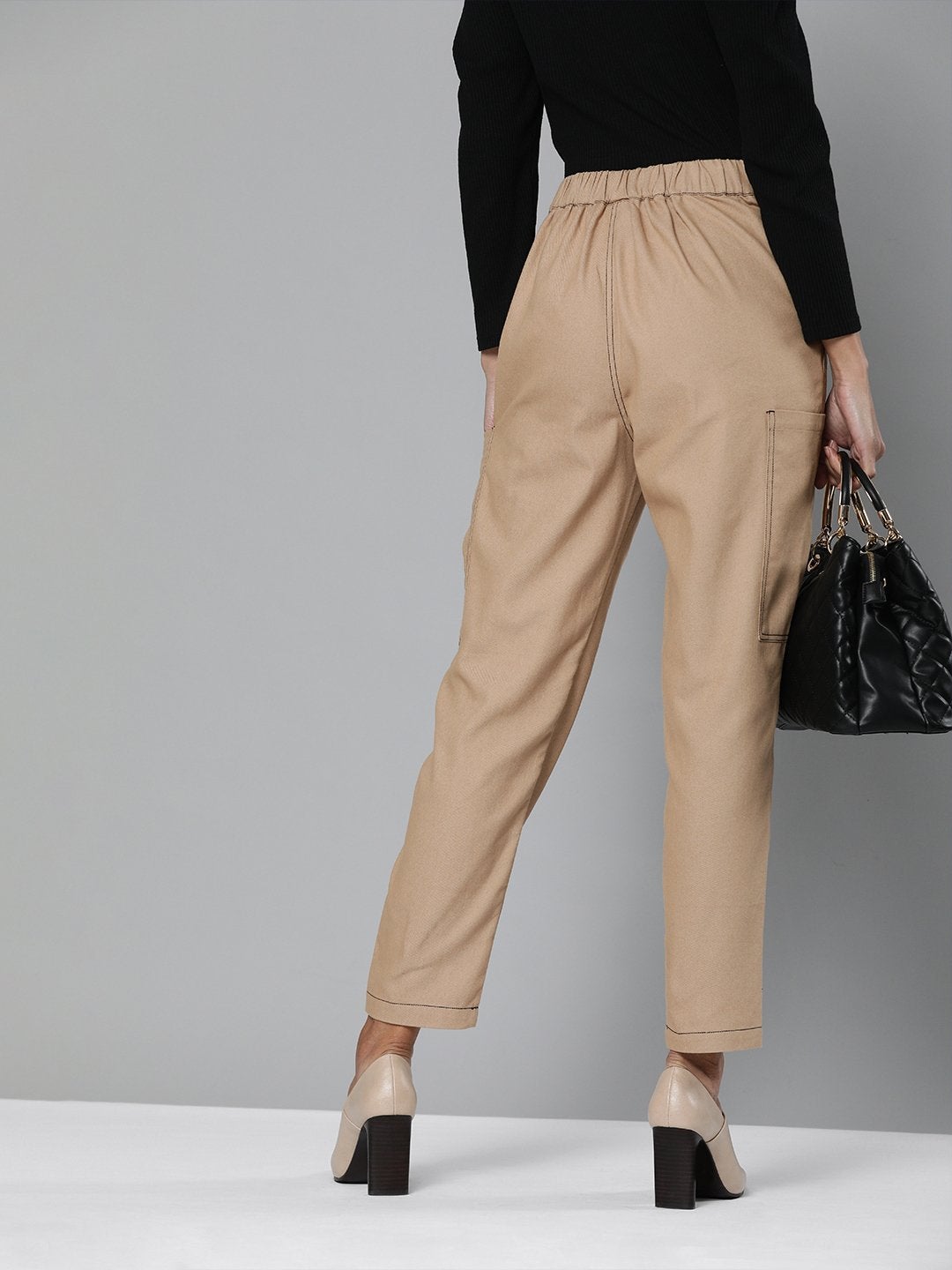 Women's Khaki Contrast Stitch Zipper Fly Pants