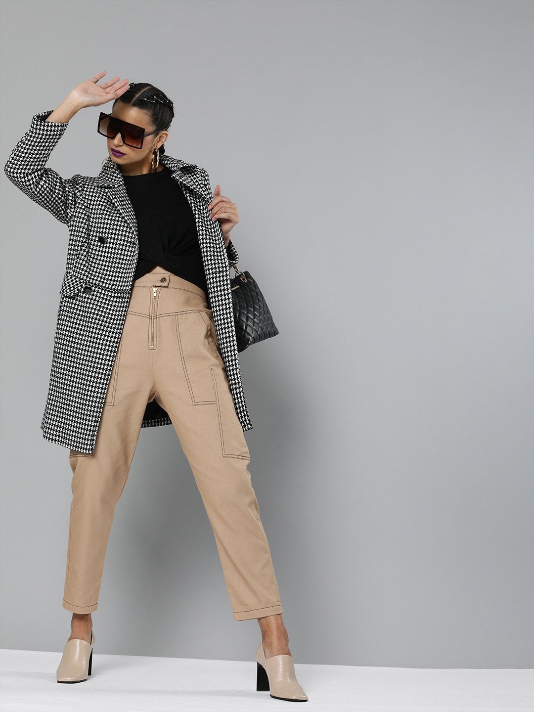 Women's Khaki Contrast Stitch Zipper Fly Pants