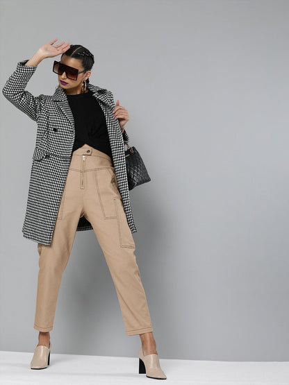 Women's Khaki Contrast Stitch Zipper Fly Pants