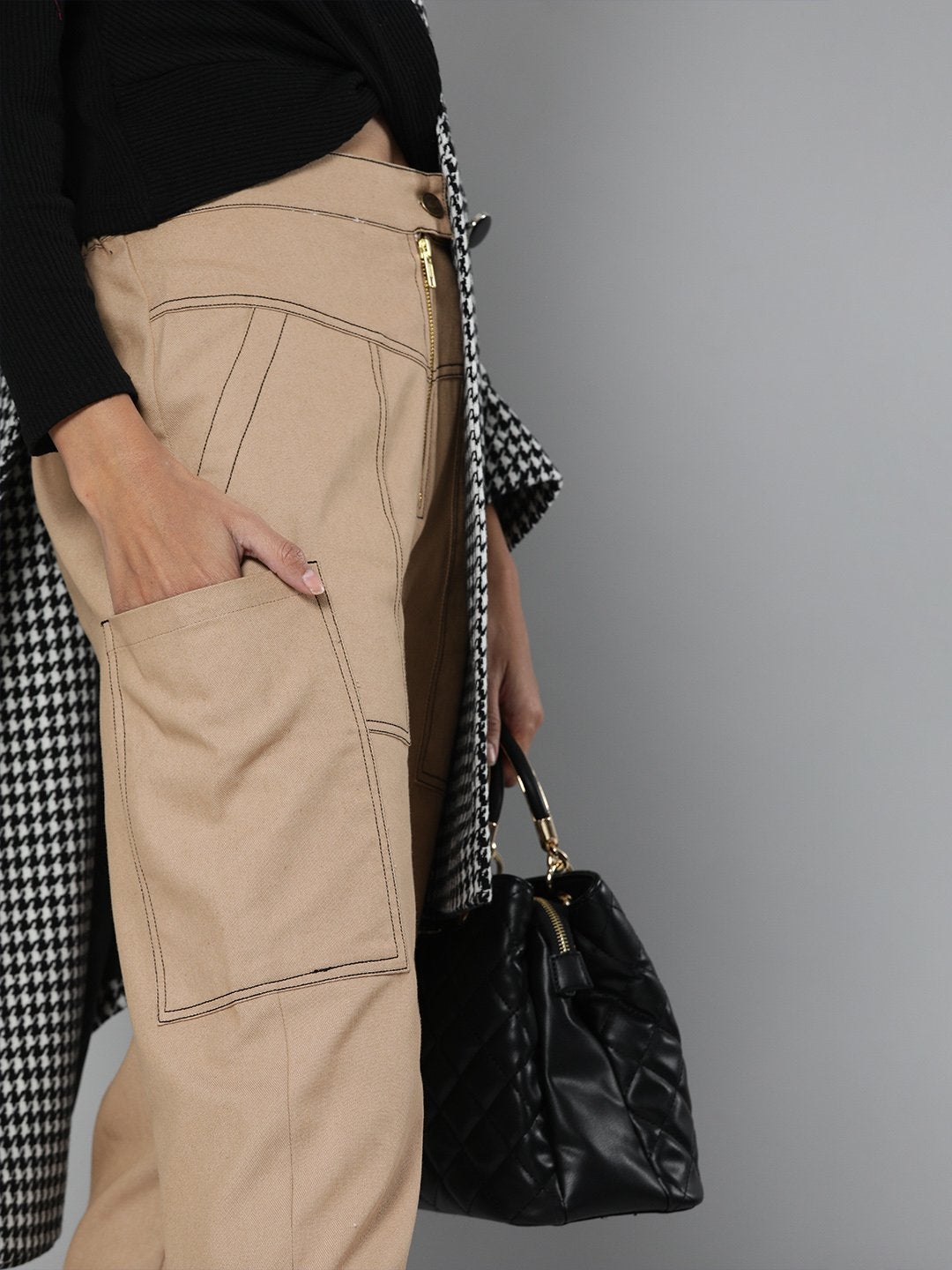 Women's Khaki Contrast Stitch Zipper Fly Pants
