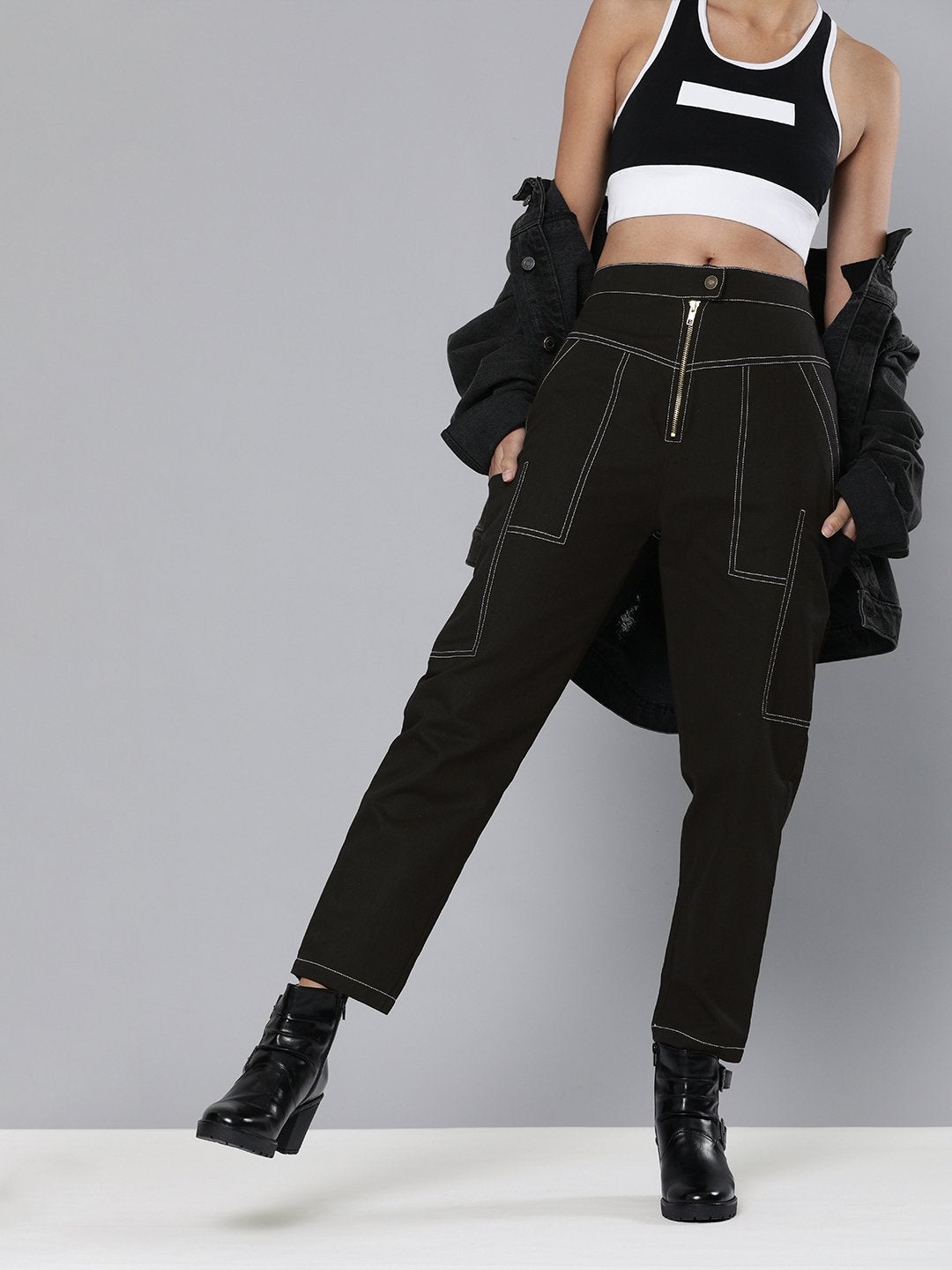 Women's Black Contrast Stitch Zipper Fly Pants