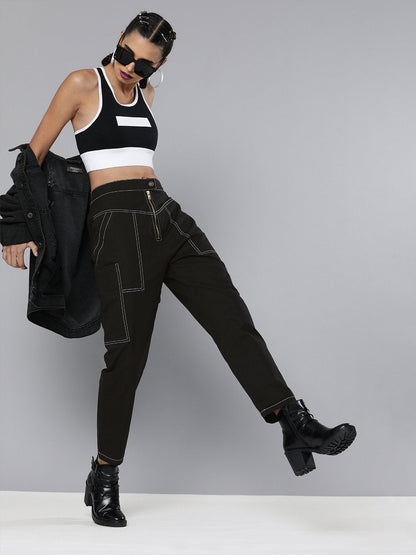 Women's Black Contrast Stitch Zipper Fly Pants