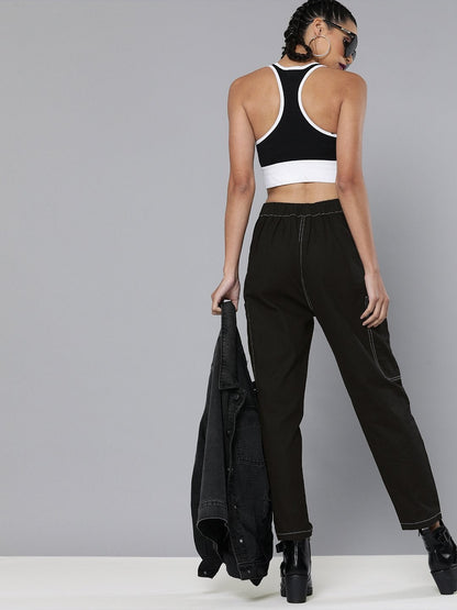 Women's Black Contrast Stitch Zipper Fly Pants