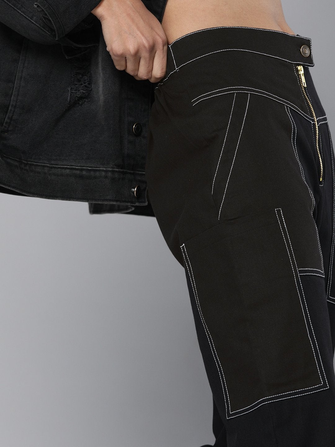 Women's Black Contrast Stitch Zipper Fly Pants