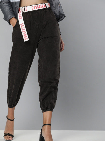 Women's Black Contrast Belted Denim Joggers