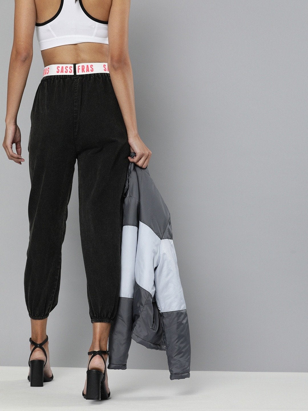 Women's Black Contrast Belted Denim Joggers