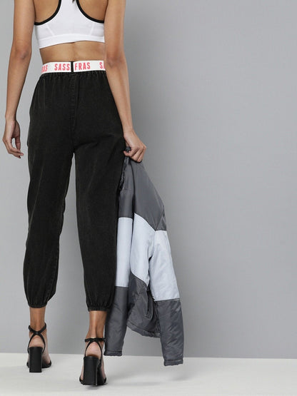 Women's Black Contrast Belted Denim Joggers