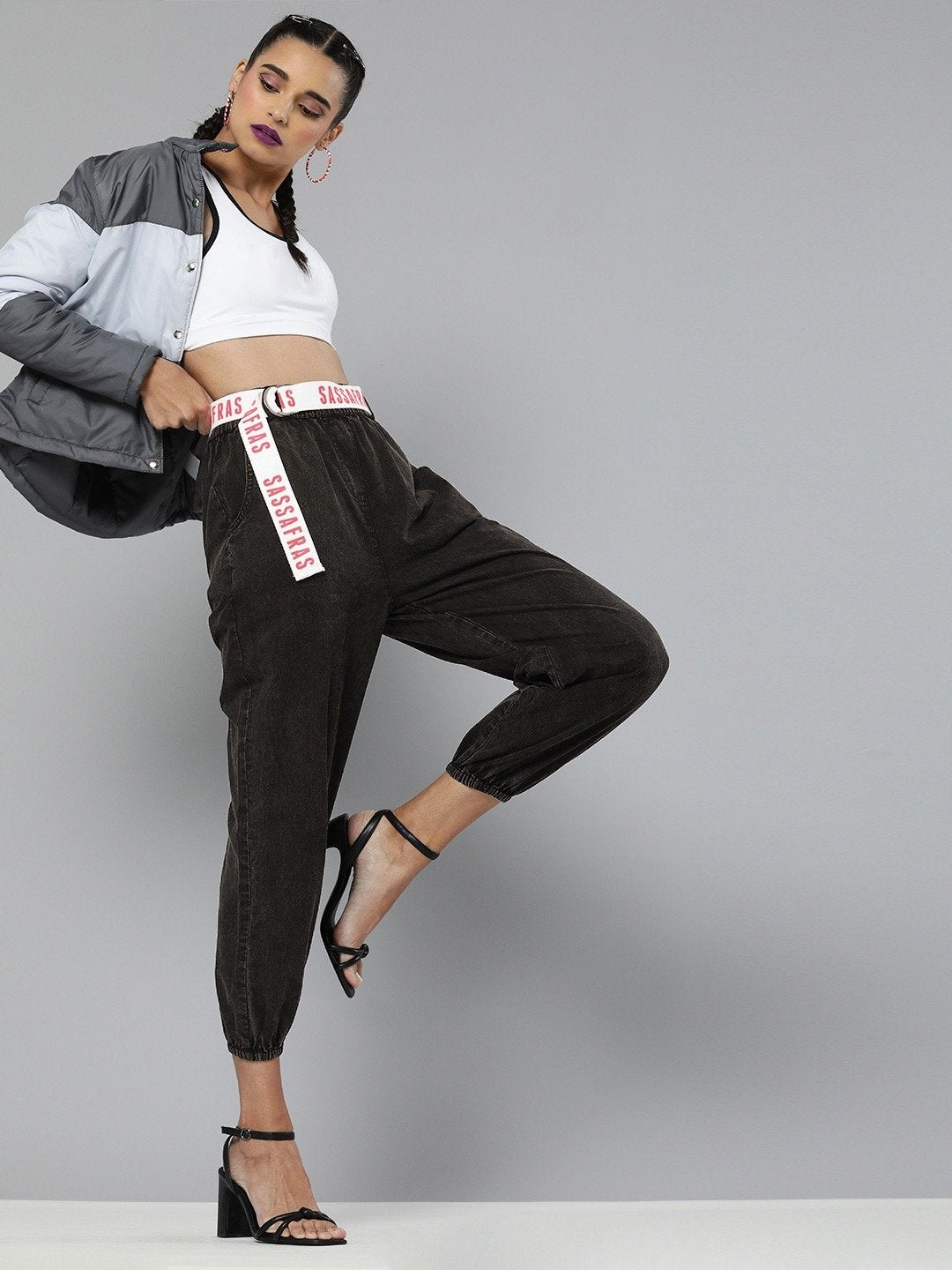 Women's Black Contrast Belted Denim Joggers