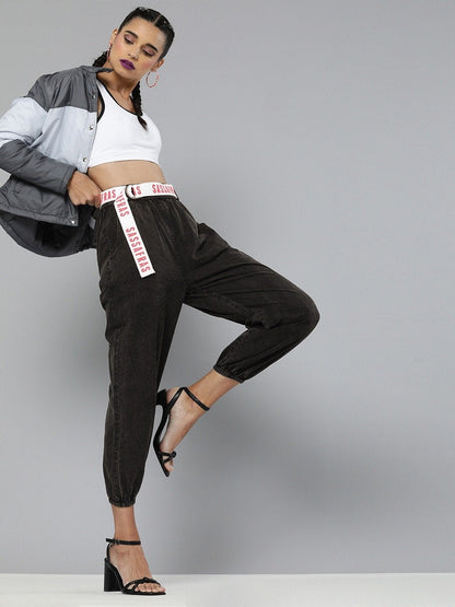 Women's Black Contrast Belted Denim Joggers