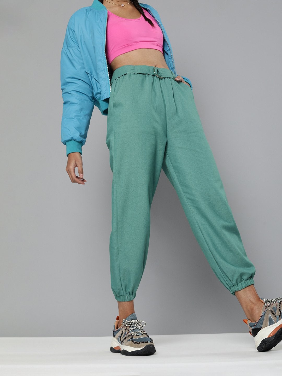 Women's Sea Green Belted Joggers
