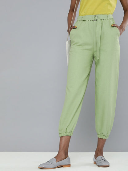 Women's Mint Green Contrast Belted Joggers