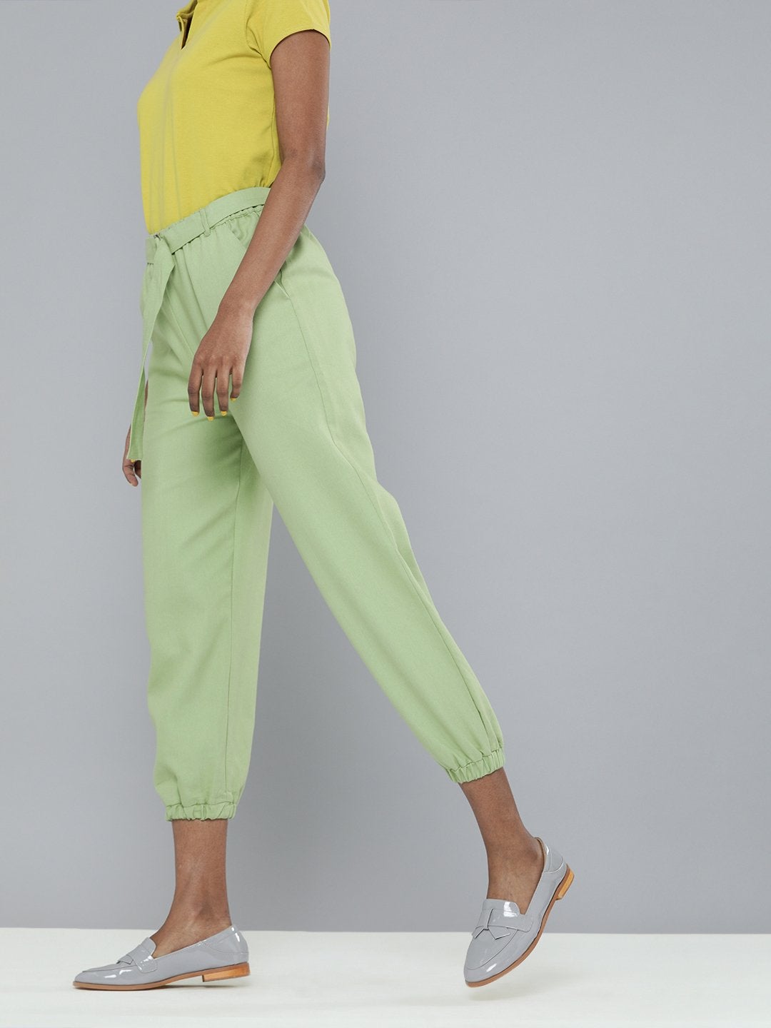 Women's Mint Green Contrast Belted Joggers
