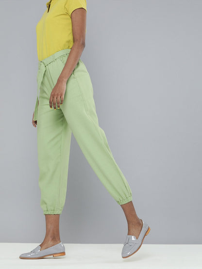 Women's Mint Green Contrast Belted Joggers