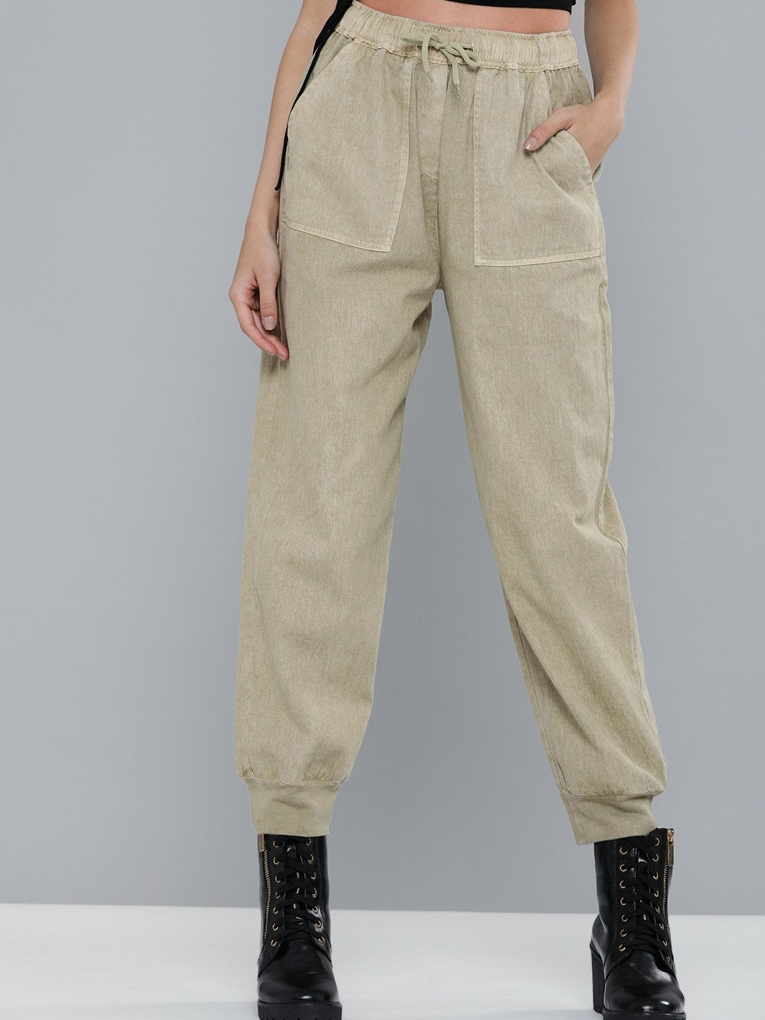 Women's Olive Pigment Wash Rib Hem Joggers