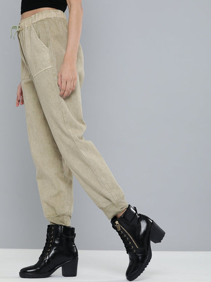 Women's Olive Pigment Wash Rib Hem Joggers