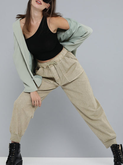 Women's Olive Pigment Wash Rib Hem Joggers