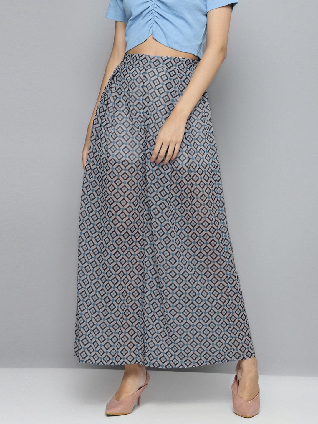 Women's Blue Floral Geo Print Palazzo Pants