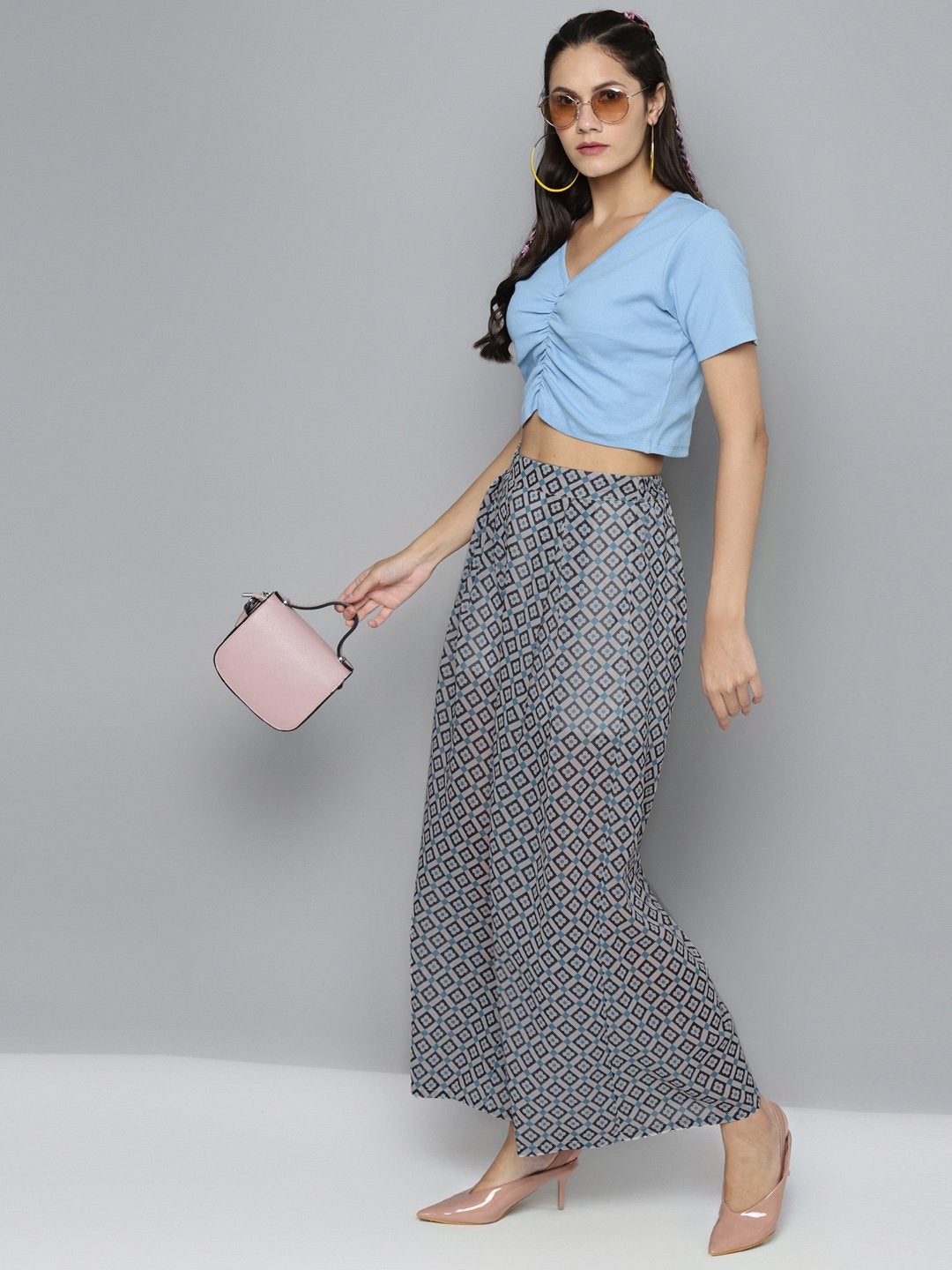 Women's Blue Floral Geo Print Palazzo Pants