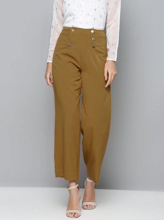Women's Mustard Gold Button Detail Flared Pants