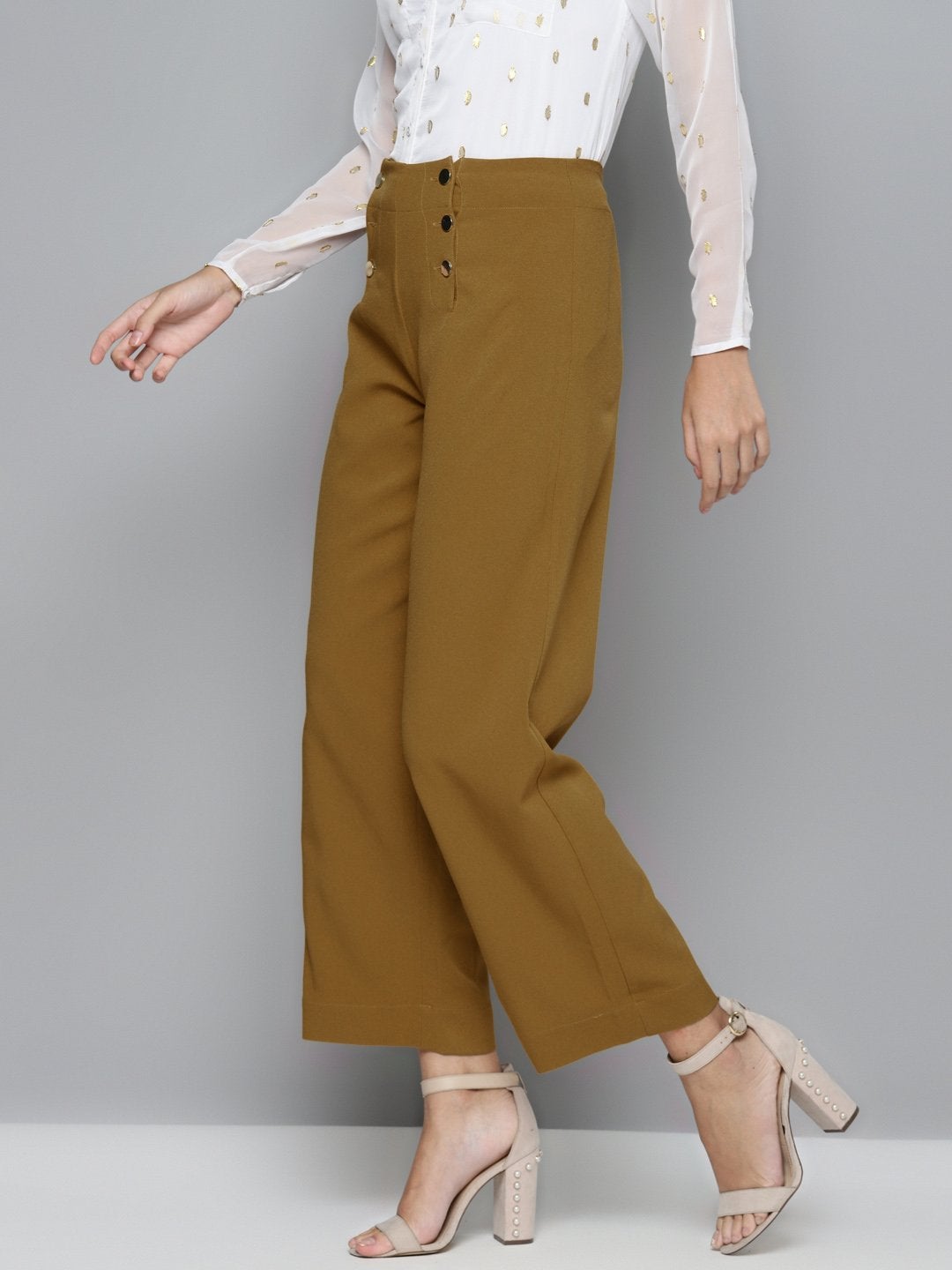 Women's Mustard Gold Button Detail Flared Pants