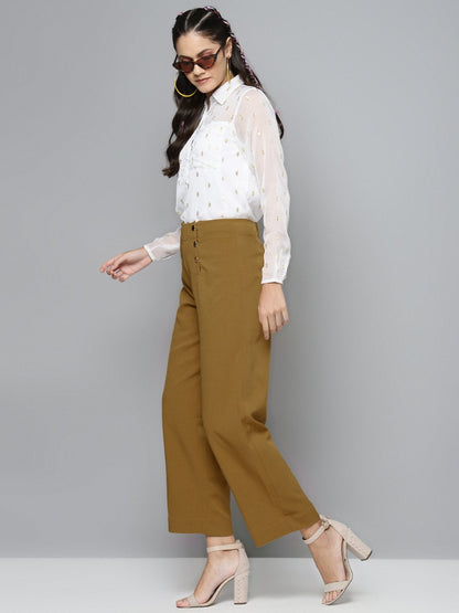 Women's Mustard Gold Button Detail Flared Pants