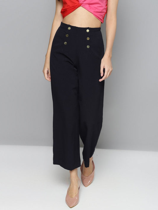 Women's Navy Gold Button Detail Flared Pants
