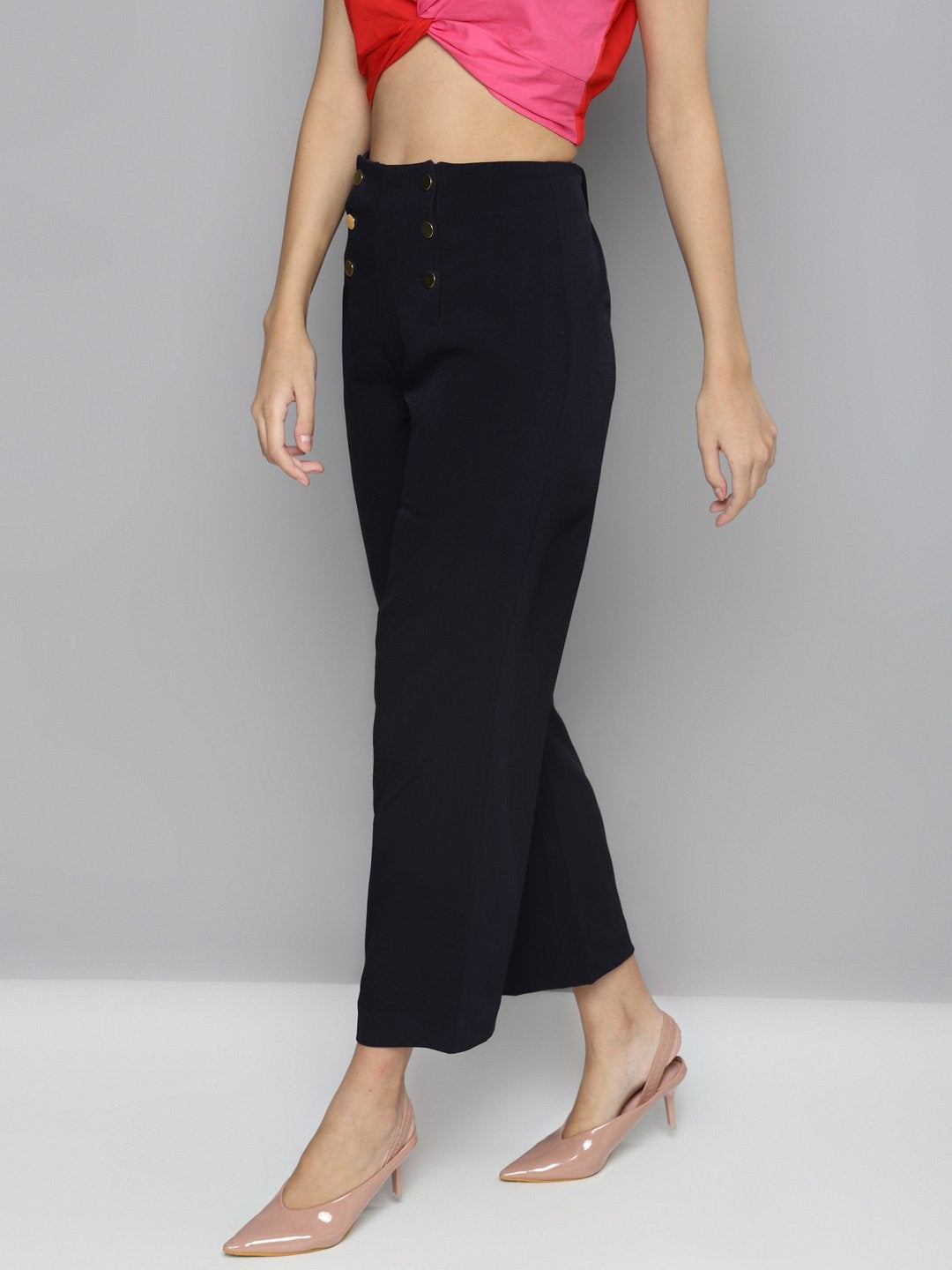 Women's Navy Gold Button Detail Flared Pants
