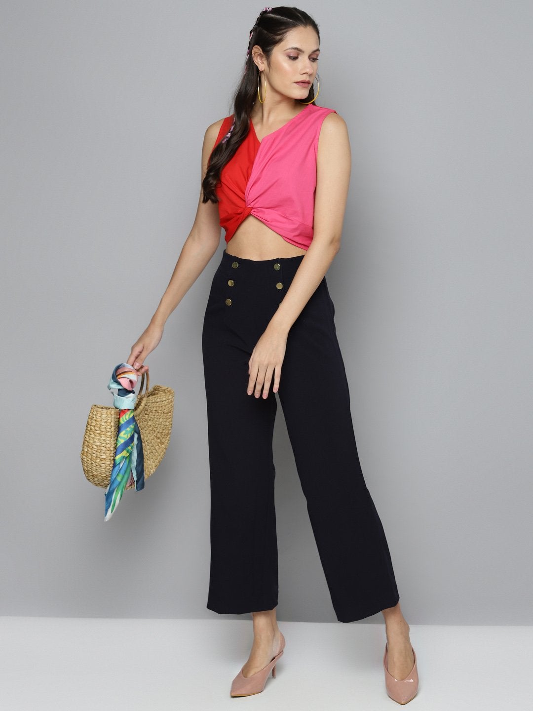 Women's Navy Gold Button Detail Flared Pants