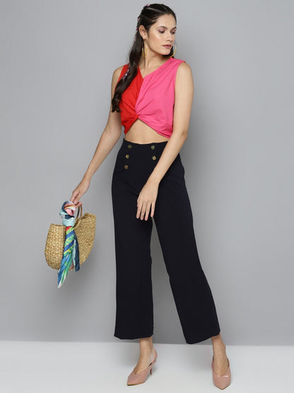 Women's Navy Gold Button Detail Flared Pants