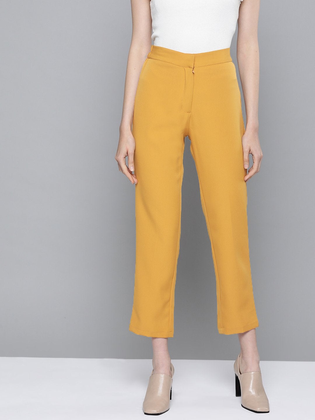 Women's Mustard Front Pleat Tapered Pants