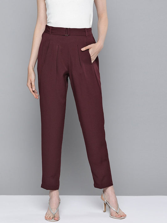 Women's Burgundy Front Pleat Tapered Pants