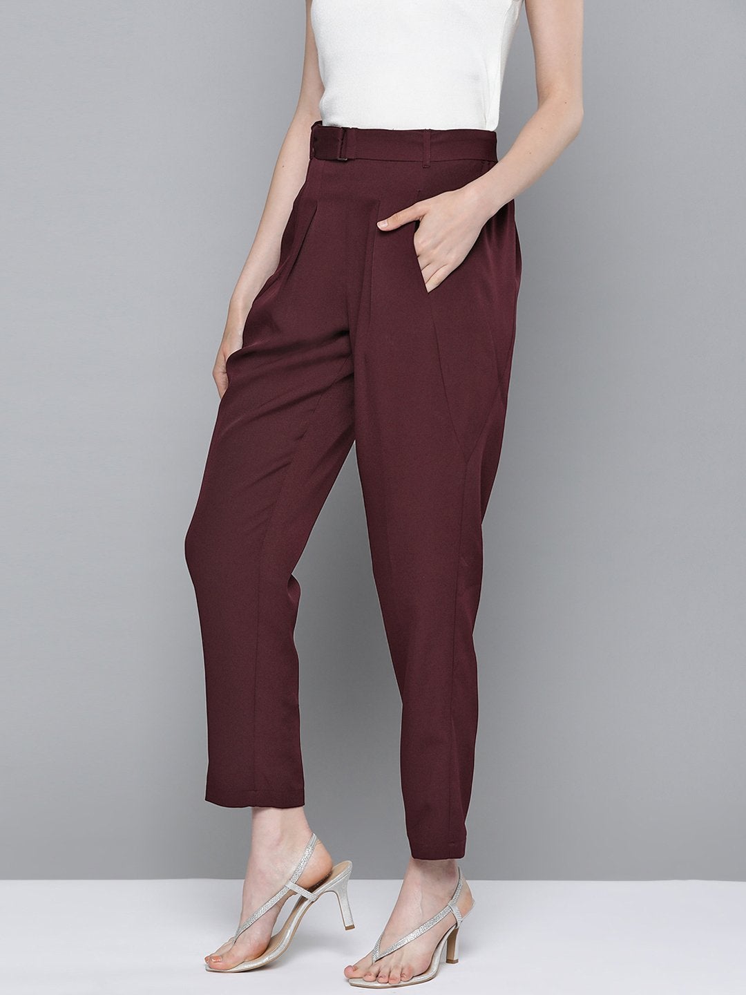 Women's Burgundy Front Pleat Tapered Pants