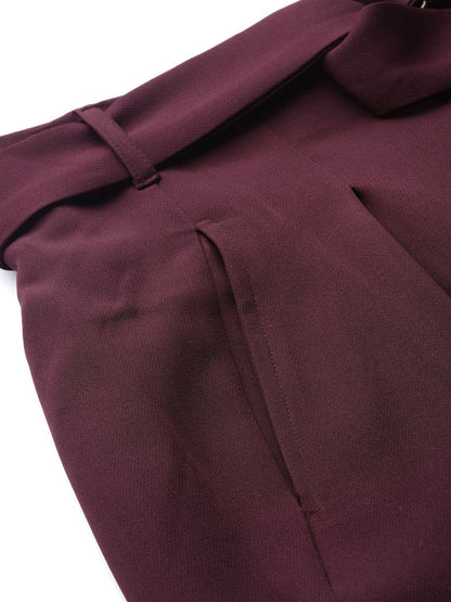 Women's Burgundy Front Pleat Tapered Pants
