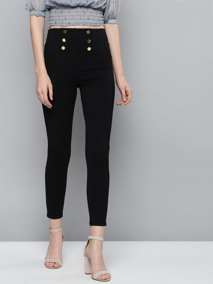 Women's Black Front Button High Waist Jeggings