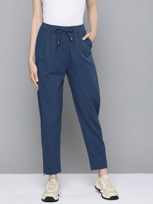 Women's Navy Side Zipper Twill Jogger Pants