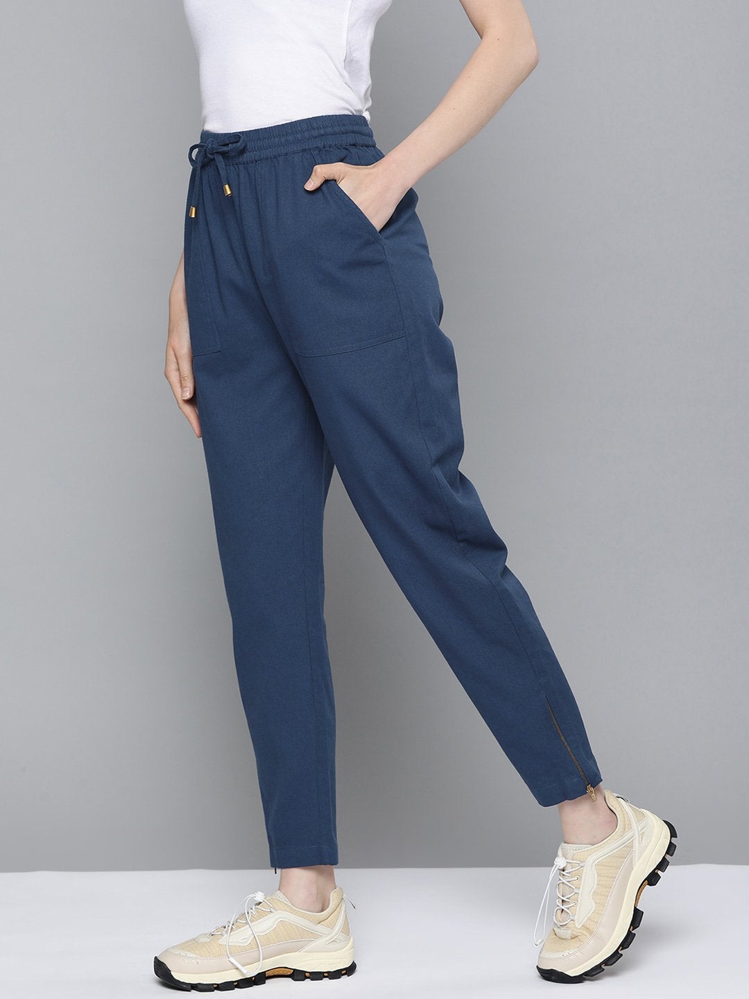 Women's Navy Side Zipper Twill Jogger Pants