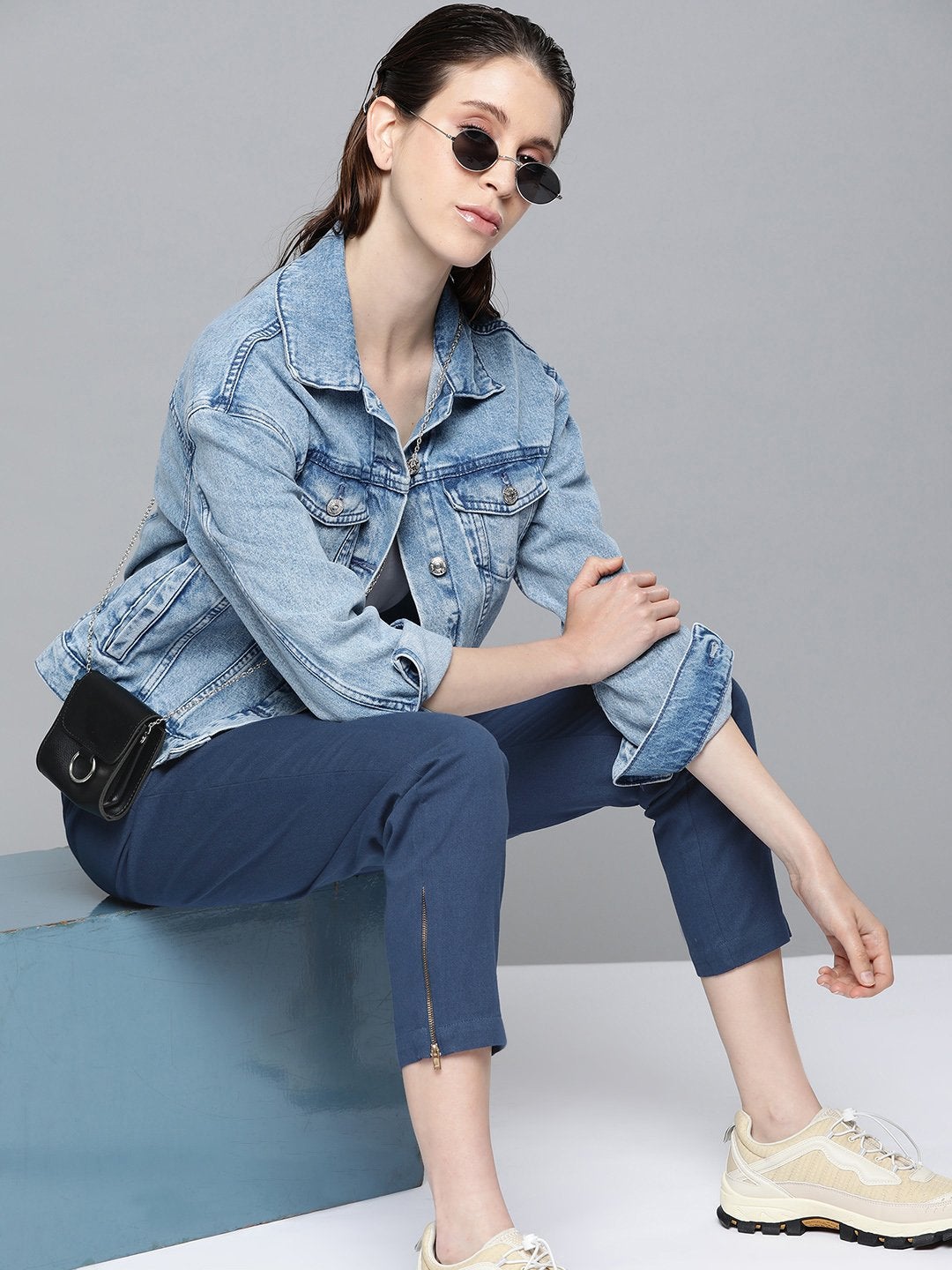 Women's Navy Side Zipper Twill Jogger Pants