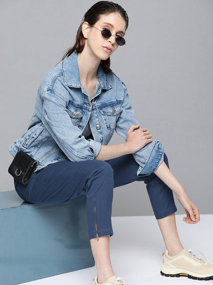 Women's Navy Side Zipper Twill Jogger Pants