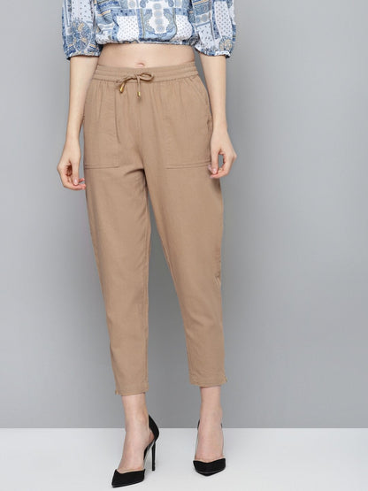 Women's Beige Side Zipper Twill Jogger Pants