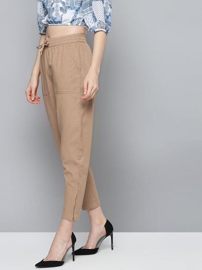 Women's Beige Side Zipper Twill Jogger Pants