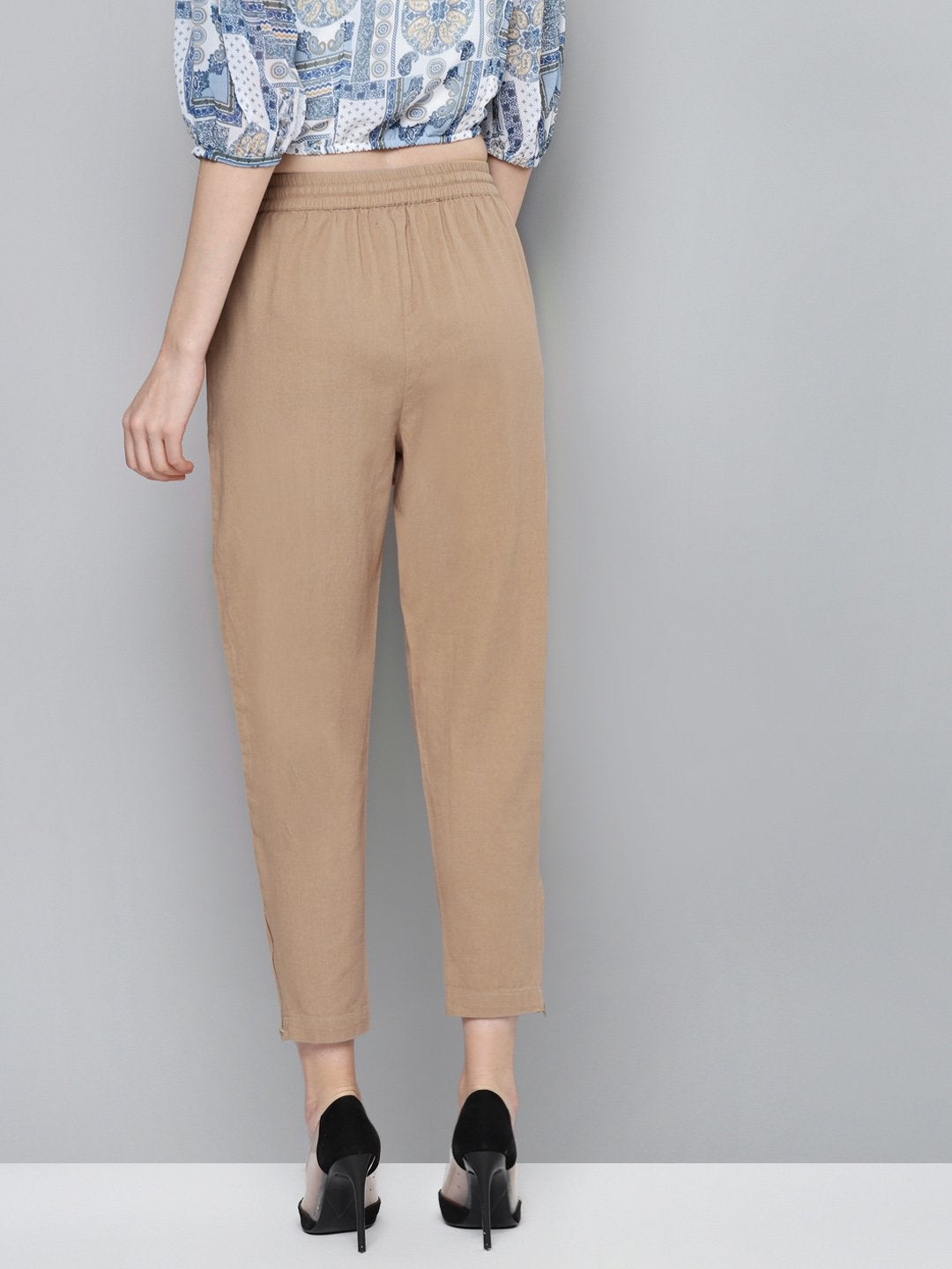 Women's Beige Side Zipper Twill Jogger Pants